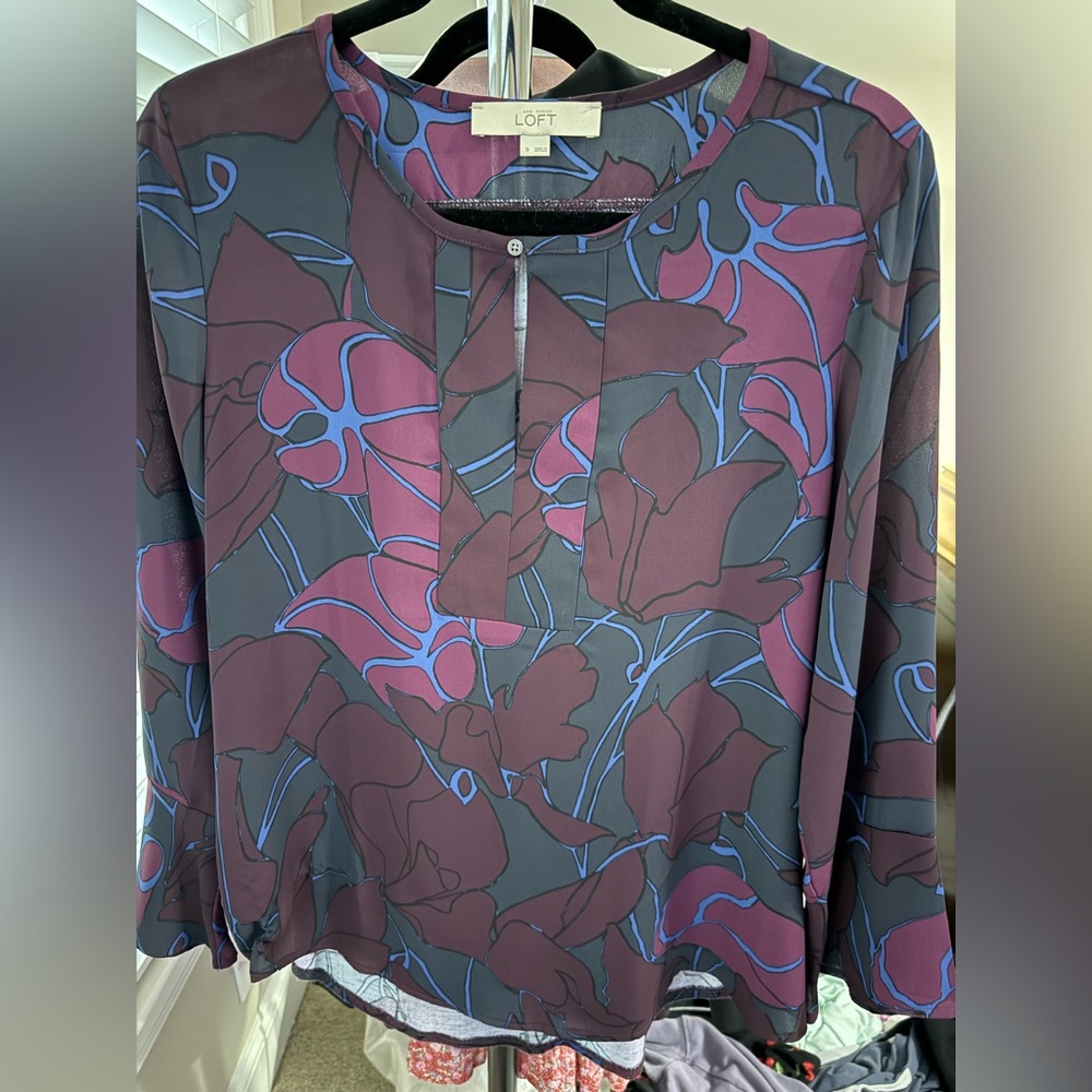 LOFT Floral Blouse - Burgundy and Blue